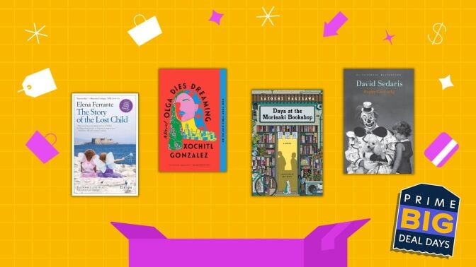 four books and a yellow and pink prime day background