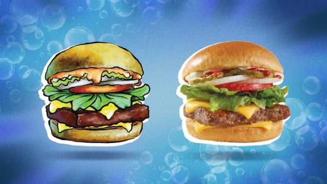 Two Krabby Patties, one real and one cartoon-like, with a bubbles background