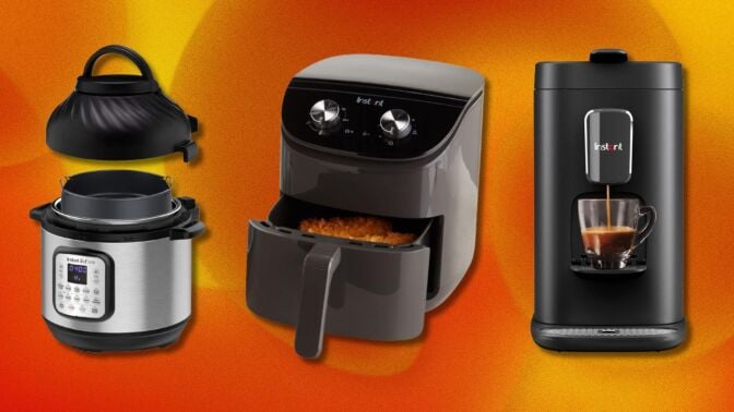 three instant pot kitchen appliances including an instant pot, coffee maker, and air fryer on a bright orange background