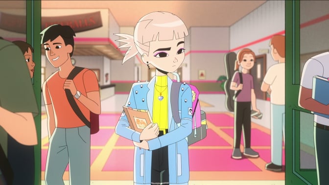 An anime image shows a girl walking through the doors of a high school while other students stand around talking.