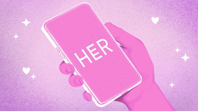 A drawn hand holding a phone with the HER logo