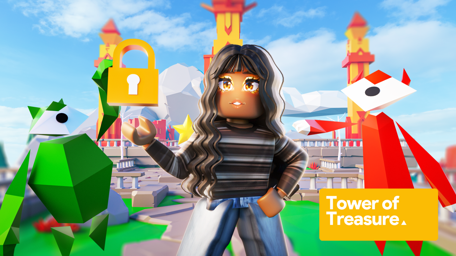 A long-haired Roblox character holds a hovering gold padlock, surrounded by colorful plants and characters. 