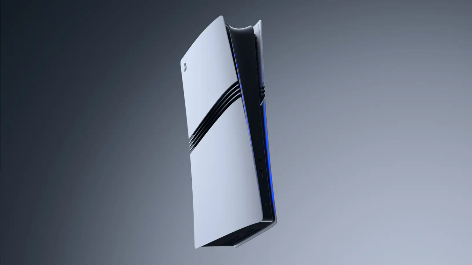 a playstation 5 pro floating against a gray gradient background