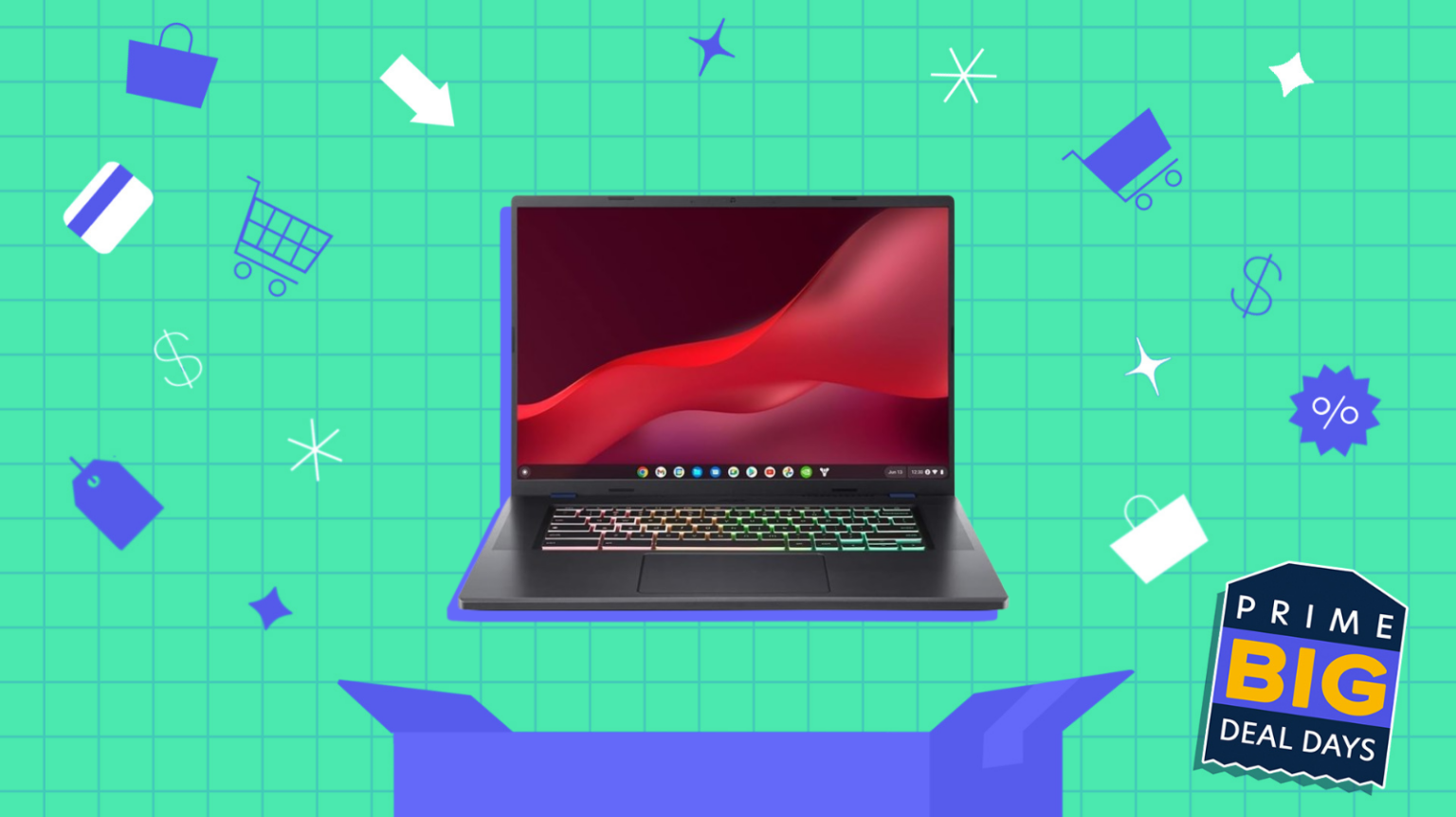 an acer chromebook 516 ge above a blue box against a green grid background surrounded by shopping icons