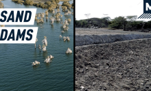 A flooded Lake Turkana in Kenya side by side with a sand dam built by UNICEF.