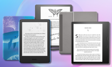 kindle kids, kindle scribe, and kindle oasis with blue and purple background