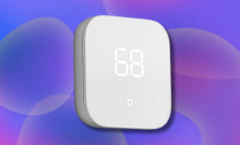 Amazon Smart Thermostat on purple and blue abstract background