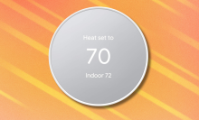 Google Nest Thermostat on orange and white background