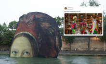 A screenshot of a tweet reading "Olympic Challengers moment" on a photo of a giant woman's face rising out of the Seine. 