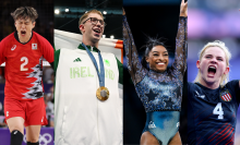 Four images of Olympic athletes (Taishi Onodera, Daniel Wiffen, Simone Biles, and Sammy Sullivan) celebrating wins. 