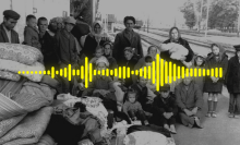 A yellow soundwave is placed on an archive photo from the mass deportations in 1944, which shows a group of Crimean Tatars gathered at a train station with a pile of modest belongings.