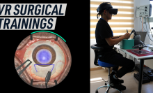 A split screen image shows a VR simulation of an eyeball being operated on (left) and a trainee ophthalmologist practicing with a VR. Caption reads: VR surgical trainings