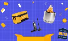 Camping materials in front of a blue background