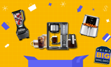 a ninja blender and coffee maker, and a chefman air fryer against a yellow illustrated background with blue open box