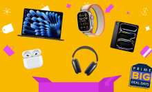 Collection of Apple products in front of a yellow background