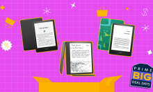 kindle paperwhite, kindle scribe, kindle paperwhite kids on hot pink background with orange box