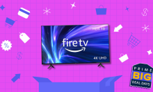 Amazon Fire TV on pink grid background with various shopping-related icons throughout