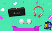 An illustrated background with a Marshall speaker, Anker earbuds, and Apple AirPods Max.