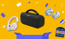 Bose headphones and speakers on top of yellow and blue illustrated prime day background