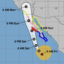 The storm track for Hurricane Hilary as of August 18, 2023.