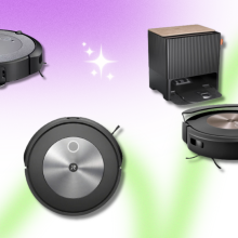 Roomba i5, Roomba j7+, and Roomba Combo j9+ with dock on purple, green, and white background with sparkles