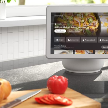 echo show 10 on kitchen counter by cutting board with vegetables