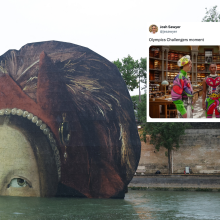 A screenshot of a tweet reading "Olympic Challengers moment" on a photo of a giant woman's face rising out of the Seine. 