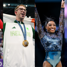 Four images of Olympic athletes (Taishi Onodera, Daniel Wiffen, Simone Biles, and Sammy Sullivan) celebrating wins. 