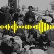 A yellow soundwave is placed on an archive photo from the mass deportations in 1944, which shows a group of Crimean Tatars gathered at a train station with a pile of modest belongings.