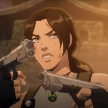 Lara Croft with dual pistols in the animated "Tomb Raider" series.