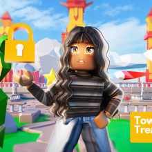 A long-haired Roblox character holds a hovering gold padlock, surrounded by colorful plants and characters. 