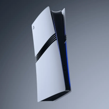 a playstation 5 pro floating against a gray gradient background