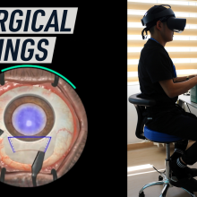 A split screen image shows a VR simulation of an eyeball being operated on (left) and a trainee ophthalmologist practicing with a VR. Caption reads: VR surgical trainings