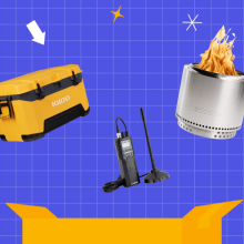 Camping materials in front of a blue background