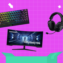 PC gaming peripherals in front of a purple background