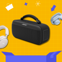 Bose headphones and speakers on top of yellow and blue illustrated prime day background