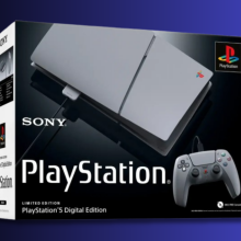 box art for the ps5 slim digital edition 30th anniversary limited edition bundle against a gradient blue background