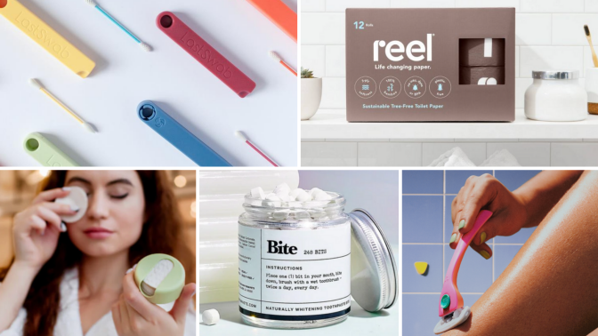 photo collage featuring reusable cotton swabs, bamboo toilet paper, a reusable razor, washable cotton rounds, and toothpaste tables