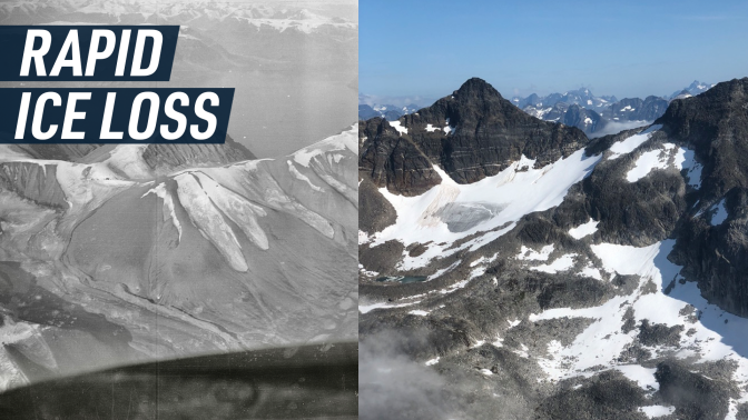 A split-screen shows an aerial photograph of a Greenland glacier in the 1930's, next to one from 2023, making the loss of ice in the region particularly visible. Caption reads "Rapid ice loss"