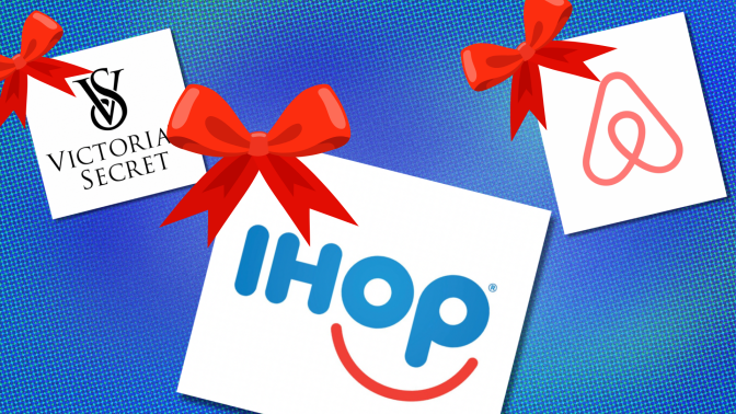 Logos of the brands Airbnb, IHOP, and Victoria's Secret overlaid on a blue textured background and adorned with illustrated gift bows