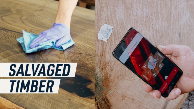 A split screen image shows a hand polishing a newly finished wooden plank (left) and a phone scanning the tag of a log to verify its origin (right)