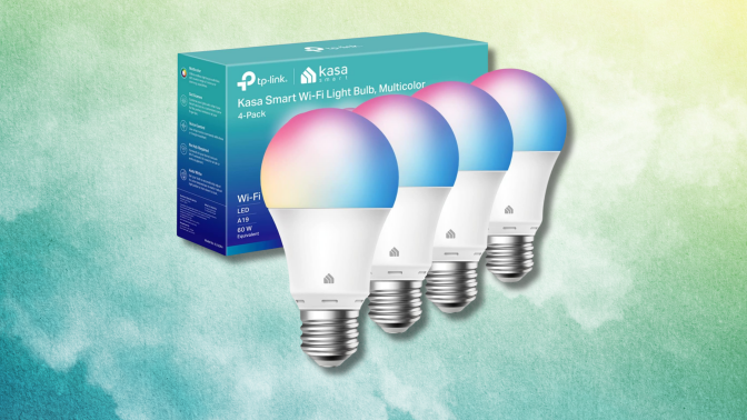 kasa smart light bulbs against a colorful background 