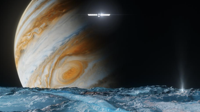 The Europa Clipper spacecraft flying by the Jovian moon, Europa, with dominant Jupiter in the distance.