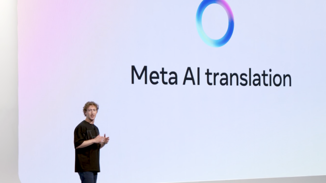 Mark Zuckerberg in front of a screen that says Meta AI translation