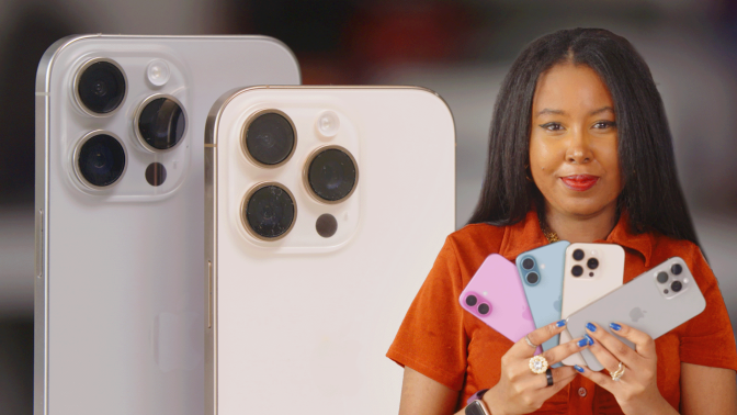 woman holding all 4 iPhone 16 models and smiling 