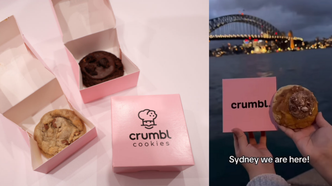 A composite of two images. On the left, three boxes of Crumbl Cookies, two of them open showing the cookies inside. On the right, a screenshot of a video from YouTube channel CrumblCookieAus, showing hands holding up a Crumbl Cookie and box in front of the Sydney Harbour Bridge. Text on the screenshot reads, "Sydney we are here!"