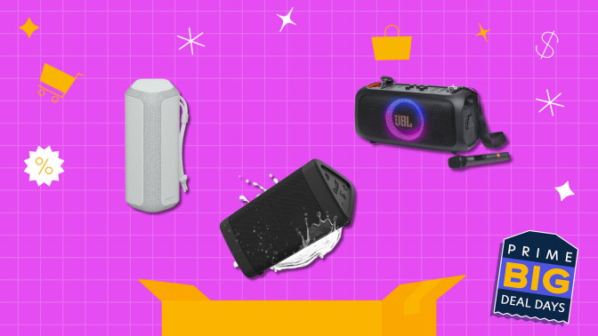 A Sony speaker, an Oontz speaker, and a JBL speaker against an illustrated background.