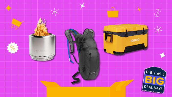 Camping items on pink Prime Day background 