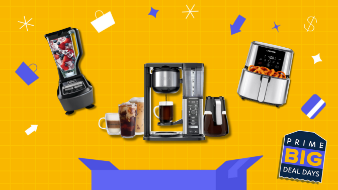 a ninja blender and coffee maker, and a chefman air fryer against a yellow illustrated background with blue open box