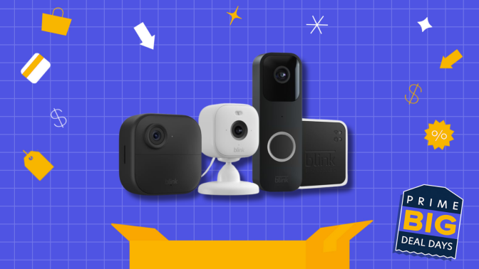 Blink security cameras overlaying an illustrated blue and yellow background for Prime Day